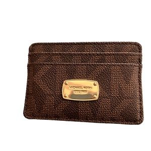 Michael Kors brown pebbled leather credit card case with gold metal